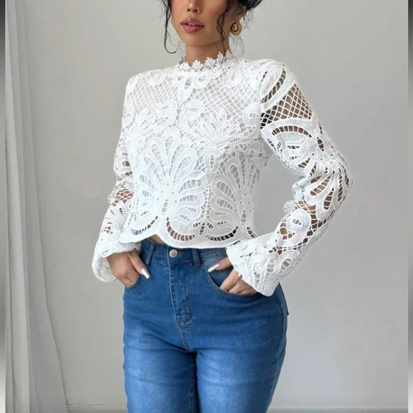 White Lace Long Sleeve Top - Picture 4 of 6